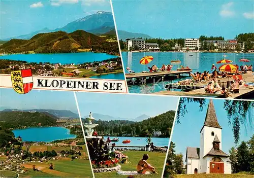 AK / Ansichtskarte  Klopeinersee_Kaernten_AT Panorama Seepartien Strand Kirche 