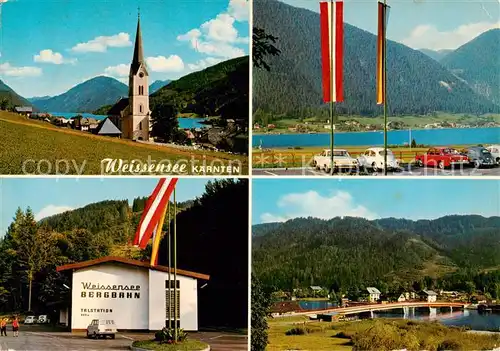 AK / Ansichtskarte 73855163 Weissensee_Kaernten_AT Kirche Panorama Bergbahn Talstation Bruecke 