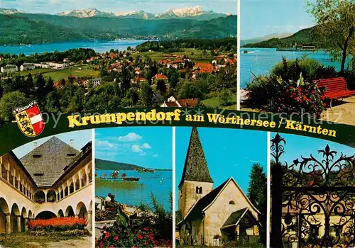 AK / Ansichtskarte 73855199 Krumpendorf_Woerthersee_AT mit Karawanken Schloss Hallegg Strandmotiv Kirche von Pirk 1000jaehrige schmiedeeisernes Tor 