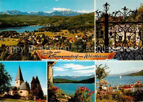 AK / Ansichtskarte  Krumpendorf_Woerthersee_AT mit Karawanken Barocktor an der Lindenklause Kirchl Pirk Seeblick und Koschuta Strandbad 