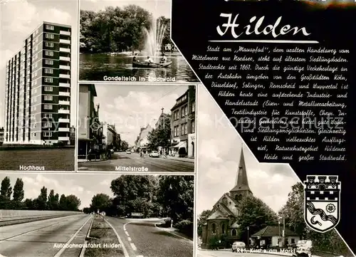 AK / Ansichtskarte  Hilden__Mettmann Hochhaus Gondelteich Stadtwald Mittelstrasse Kirche Autobahnausfahrt