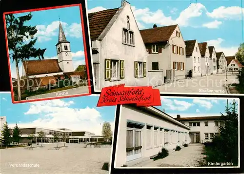 AK / Ansichtskarte 73855274 Schwanfeld Kirche Strassenpartie Verbandsschule Kindergarten Schwanfeld