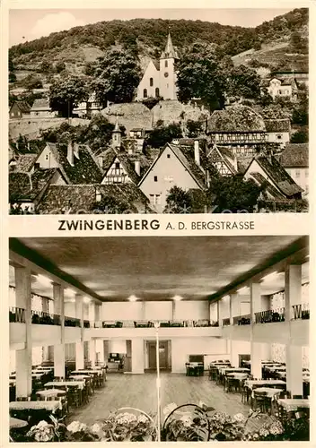 AK / Ansichtskarte  Zwingenberg_Bergstrasse Ortsansicht mit Kirche Gasthof Pension Café Zur Linde Zwingenberg_Bergstrasse