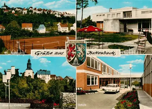 AK / Ansichtskarte 73855344 Kettenbach_Taunus Teilansicht mit Tennisplatz Buergerhaus Kirche Schule Kettenbach Taunus