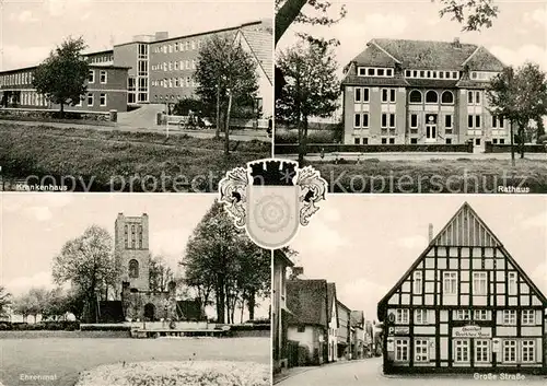 AK / Ansichtskarte 73855346 Bramsche_Hase Krankenhaus Rathaus Grosse Strasse Fachwerkhaus Ehrenmal Bramsche Hase