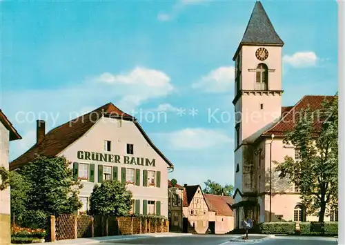 AK / Ansichtskarte 73855388 Langensteinbach_Karlsbad Gasthaus Gruener Baum Kirche Langensteinbach_Karlsbad