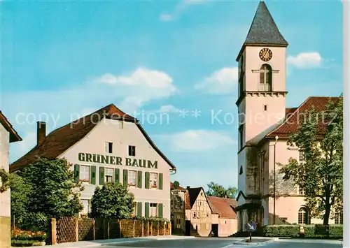 AK / Ansichtskarte  Langensteinbach_Karlsbad Gasthaus Gruener Baum Kirche Langensteinbach_Karlsbad