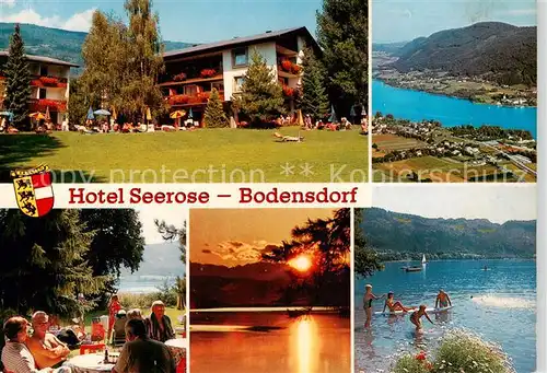 AK / Ansichtskarte 73855425 Bodensdorf_Ossiacher_See_AT Hotel Seerose Liegewiese Panorama Park Sonnenuntergang Badespass 