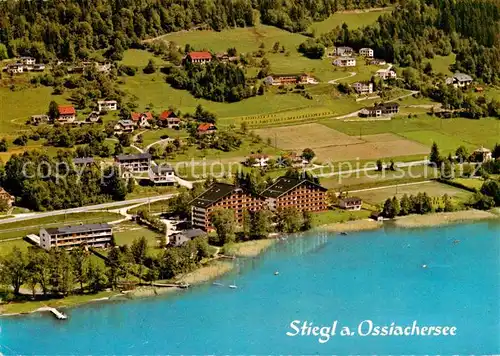 AK / Ansichtskarte 73855433 Stiegl_Ossiach_Kaernten_AT Fliegeraufnahme mit Ossiachersee Appartementhaeuser Haensel und Gretel 