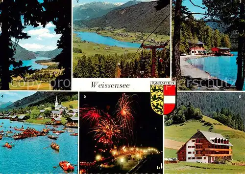 AK / Ansichtskarte  Weissensee_Kaernten_AT Bergbahn Jausenstation Ronacherfels Flusskonzert Feuerwerk an der Bruecke Appartementhaus Spitzegel 