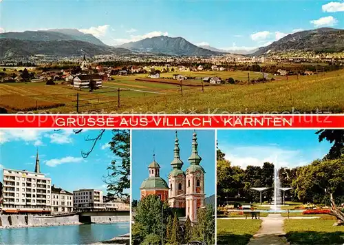 AK / Ansichtskarte  Villach_Kaernten_AT Panorama mit Doebratsch Bleiberg Drautal und dem Mirnockgebiet Stadtbruecke Kreuzkirche Stadtparkanlage 