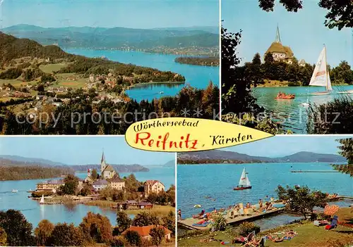 AK / Ansichtskarte 73855464 Reifnitz_Woerthersee Wallfahrtskirche Maria Woerth Panorama Segelpartie Strand Reifnitz Woerthersee