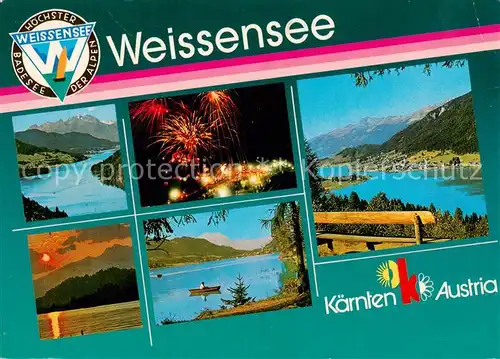 AK / Ansichtskarte 73855476 Weissensee_Kaernten_AT Teilansichten Feuerwerk Sonnenuntergang 