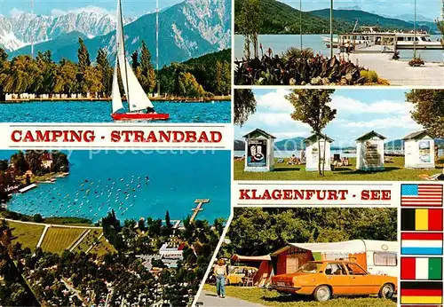 AK / Ansichtskarte 73855477 Klagenfurt_Woerthersee_AT Strandbad mit Karawanken Landesteg der Woertherseeschifffahrt Campingplatz Fliegeraufnahme 