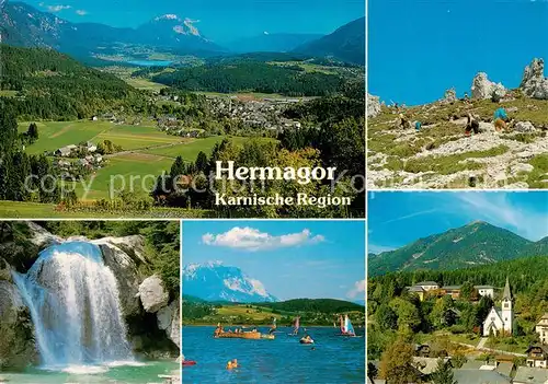 AK / Ansichtskarte 73855558 Hermagor_Kaernten_AT Panorama Wasserfall Pressegger See Ansicht mit Kirche Bergwandern 