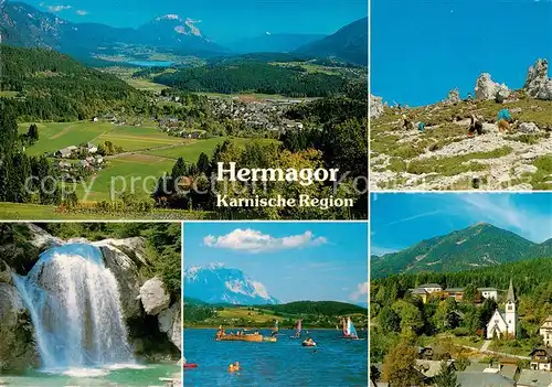 AK / Ansichtskarte  Hermagor_Kaernten_AT Panorama Wasserfall Pressegger See Ansicht mit Kirche Bergwandern 