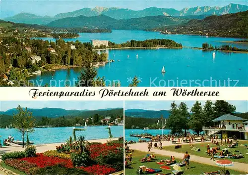 AK / Ansichtskarte  Poertschach_Woerthersee Fliegeraufnahme Blumenstrand Strandbad Poertschach Woerthersee