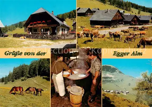 AK / Ansichtskarte 73855633 Kirchbach_Kaernten Gasthaus zur Alten Kaeserei Egger Alm Viehweide Kaeserei Panorama Pferde Kirchbach Kaernten