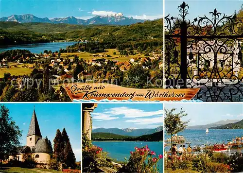 AK / Ansichtskarte  Krumpendorf_Woerthersee_AT mit Karawanken Barocktor an der Lindenklause Romanisches Kirchl Pirk Blick auf See und Koschuta Strandbad 