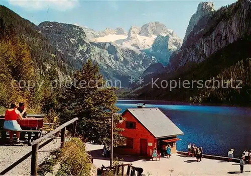 AK / Ansichtskarte 73855958 Gosausee_Gosau_Salzkammergut_AT Huette am See Blick zum Hohen Dachstein 