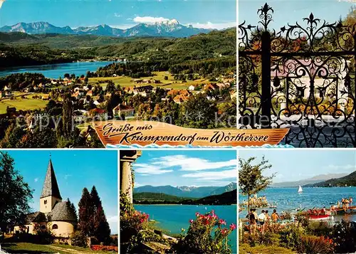 AK / Ansichtskarte  Krumpendorf_Woerthersee_AT Panorama Karawanken aeltestes Barocktor Kaerntens an der Lindenklause Kirchl Pirk Strandbad 