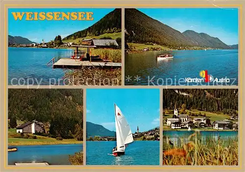 AK / Ansichtskarte 73856183 Weissensee_Kaernten_AT Panorama hoechster Badesee der Alpen Badesteg Segeln Hotel 