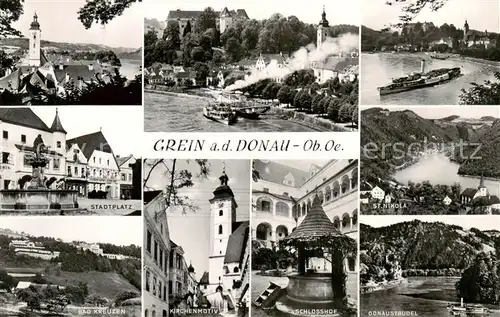 AK / Ansichtskarte 73856298 Grein_Donau_Oberoesterreich Teilansichten Kirche Dampfer Schlosshof Stadtplatz Donaustrudel Bad Kreuzen Grein_Donau