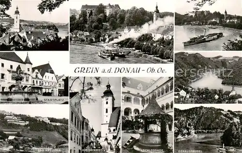 AK / Ansichtskarte  Grein_Donau_Oberoesterreich Teilansichten Kirche Dampfer Schlosshof Stadtplatz Donaustrudel Bad Kreuzen Grein_Donau