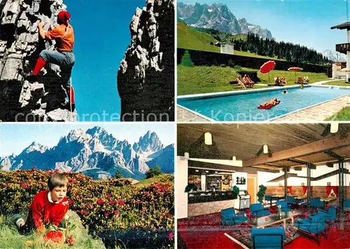 AK / Ansichtskarte  Sexten_Sesto_Suedtirol_IT Hotel Kreuzbergpass Swimming Pool Bergsteiger Monte Croce 