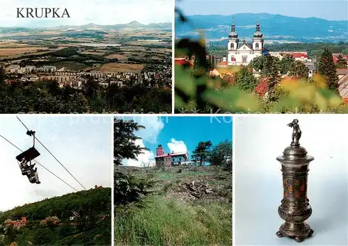 AK / Ansichtskarte  Krupka_Graupen_CZ Mueckenberg Panorama Zinnbecher aus der Museumssammlung Drahtseilbahn Wallfahrtskirche der Schmerzhaften Mutter Gottes 