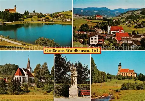 AK / Ansichtskarte 73856440 Waldhausen_Oberoesterreich Badesee Schlossbrg Markt Alte Kirche Hl St Christophorus Statue Stiftskirche Waldhausen