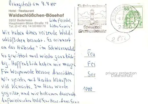AK / Ansichtskarte 73856809 Bederkesa_Bad Hotel Restaurant Waldschloesschen Boesehof Bederkesa_Bad