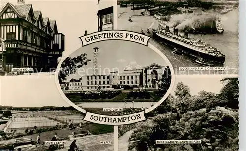 AK / Ansichtskarte 73856880 Southampton__UK Tudor House Docks and RMS Queen Mary Civic Center Sports Center Rock Gardens Andrews Park 