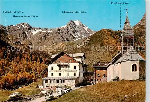 AK / Ansichtskarte 73856910 Schnalstal_Trentino_IT Gasthof Kurzras Kirche Bildstoeckljoch Kurzraser Spitze Schwemser Spitze 