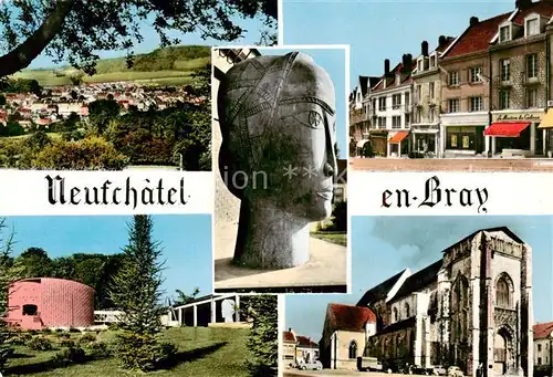 AK / Ansichtskarte  Neufchatel-en-Bray_76_Seine-Maritime Eglise Théâtre Mairie Rue Fausse Porte Justice Sculpture vue générale 