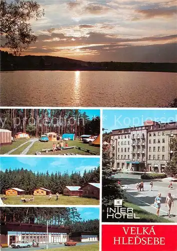 AK / Ansichtskarte 73857080 Velka_Hledsebe_CZ Interhotel Bungalows Campingplatz Sonnenuntergang am See 