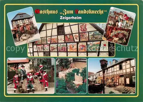 AK / Ansichtskarte 73857449 Zeigerheim_Bad_Blankenburg_Thueringen Landsknecht Wandmalerei Landsknechte am Dorfbrunnen Der Hohe Schwarm Hofansicht Biergarten 