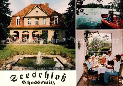 AK / Ansichtskarte 73857475 Chossewitz Seeschloss Chossewitz Hotel Gaststaette Gaststube Bootspartie Chossewitz