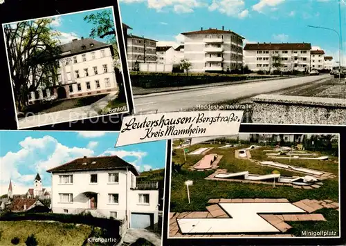 AK / Ansichtskarte  Leutershausen_Hirschberg_Bergstrasse Schloss Wohnsiedlung Heddesheimerstrasse Motiv mit Kirche Minigolfplatz Leutershausen_Hirschberg