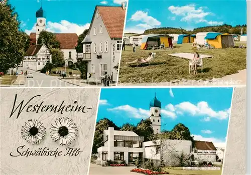 AK / Ansichtskarte  Westerheim_Wuerttemberg Motiv mit Kirche Rathaus Campingplatz Westerheim_Wuerttemberg