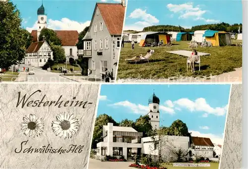 AK / Ansichtskarte  Westerheim_Wuerttemberg Motiv mit Kirche Rathaus Kirche Campingplatz Westerheim_Wuerttemberg