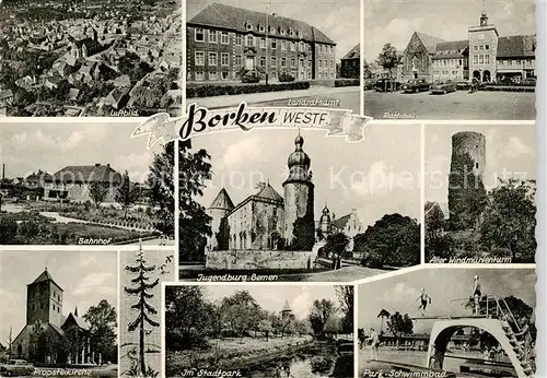 AK / Ansichtskarte  Borken_Westfalen Luftbild Landratsamt Rathaus Bahnhof Jugendburg Bemen Windmuehlenturm Propsteikirche Stadtpark Freibad Borken_Westfalen