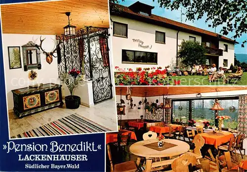 AK / Ansichtskarte 73858408 Lackenhaeuser_Niederbayern Pension Benedikt im Bayerischen Wald Gastraum Garten Lackenhaeuser Niederbayern
