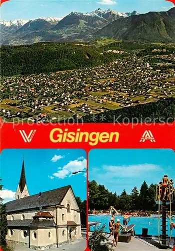 AK / Ansichtskarte 73858422 Gisingen_Feldkirch Fliegeraufnahme Kirche Schwimmbad Gisingen Feldkirch