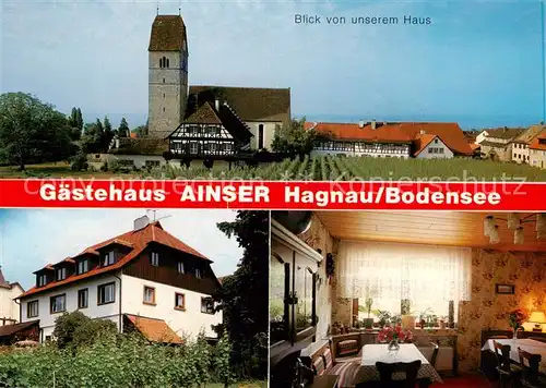 AK / Ansichtskarte 73858578 Hagnau_Bodensee Gaestehaus Ainser Gastraum Ortsansicht mit Kirche Hagnau Bodensee