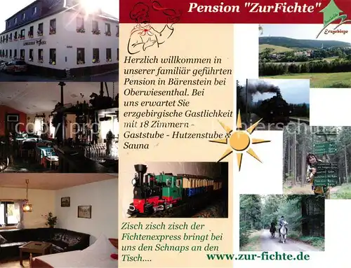 AK / Ansichtskarte 73858600 Baerenstein_Annaberg-Buchholz Pension zur Fichte Gastraum Dampflokomotive Wandern Ausritte Panorama Baerenstein