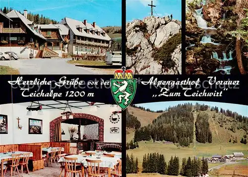 AK / Ansichtskarte 73858632 Teichalm  Alpengasthof Vorauer Zum Teichwirt Gastraum Gifpelkreuz Wasserfall Panorama Teichalm 