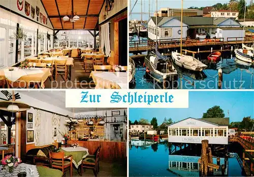 AK / Ansichtskarte 73858722 Bad_Arnis_Schlei Cafe Restaurant Zur Schleiperle Gastraeume Bootsliegeplatz Bad_Arnis_Schlei