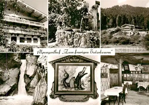 AK / Ansichtskarte 73858760 Bayrischzell Alpengasthof Zum feurigen Tatzelwurm Gaststube Brunnen Wasserfall Bayrischzell