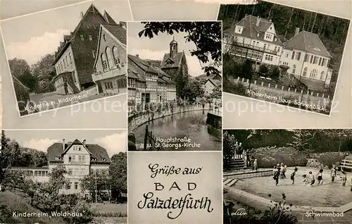 AK / Ansichtskarte  Bad_Salzdetfurth Kinderheim Hildurheim Hauptstrasse St Georgskirche Kinderheim Haus Sonnenblick Kinderheim Waldhaus Schwimmbad Bad_Salzdetfurth